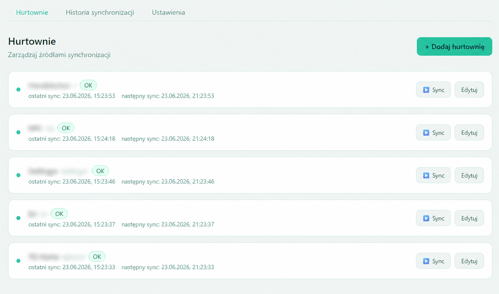 Panel WholesSync — lista hurtowni z aktualnym statusem synchronizacji